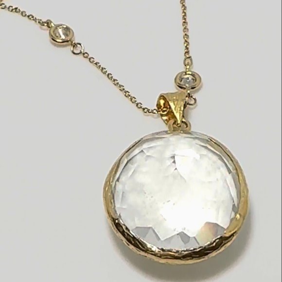 2PCS-CLEAR CRYSTAL QUARTZ CRY PENDANT W/ CZ 1/8" CHAIN, VERMEIL (.925 BASE)/14KT - Picture 1 of 3
